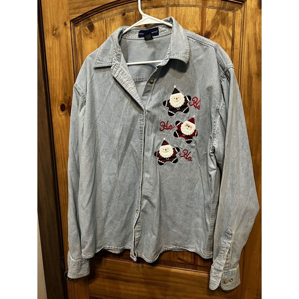 Crystal Springs Vintage Women's Christmas Santa‎ Denim Button Up Shirt Size XL